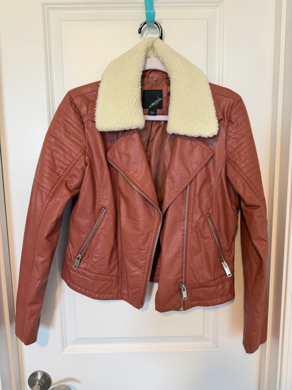 Collection B Rust Faux Leather Moto Jacket with Cream Sherpa Collar